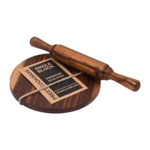 Wooden Cookware Set for Indian Cooking, Handcrafted from Solid Sheesham Wood, Includes Roti Maker, Rolling Pin and Chopping Board